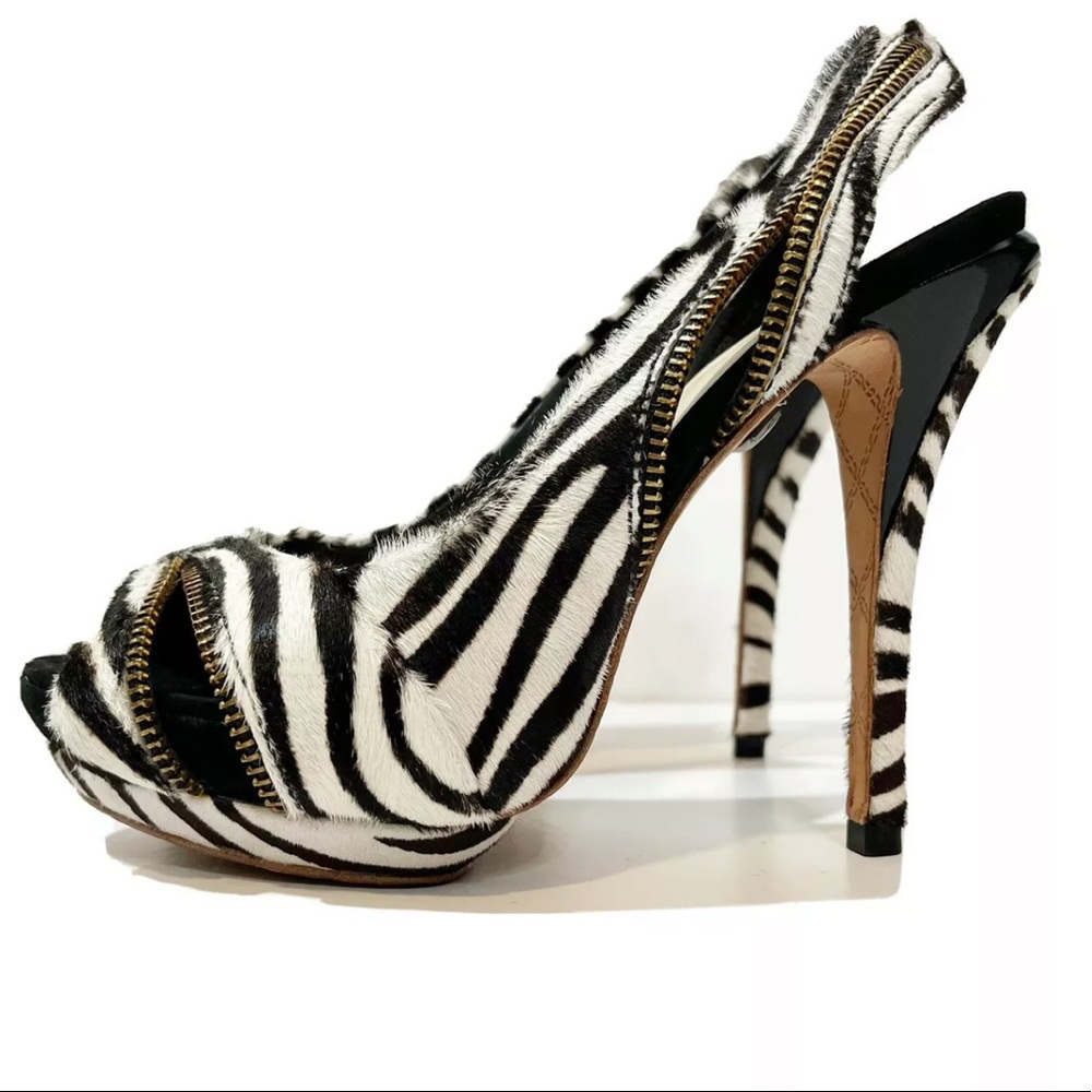 L.A.M.B. Dawna Zebra Print Pony Hair Zipper Detail Peep Toe Slingback Heels 8 M
